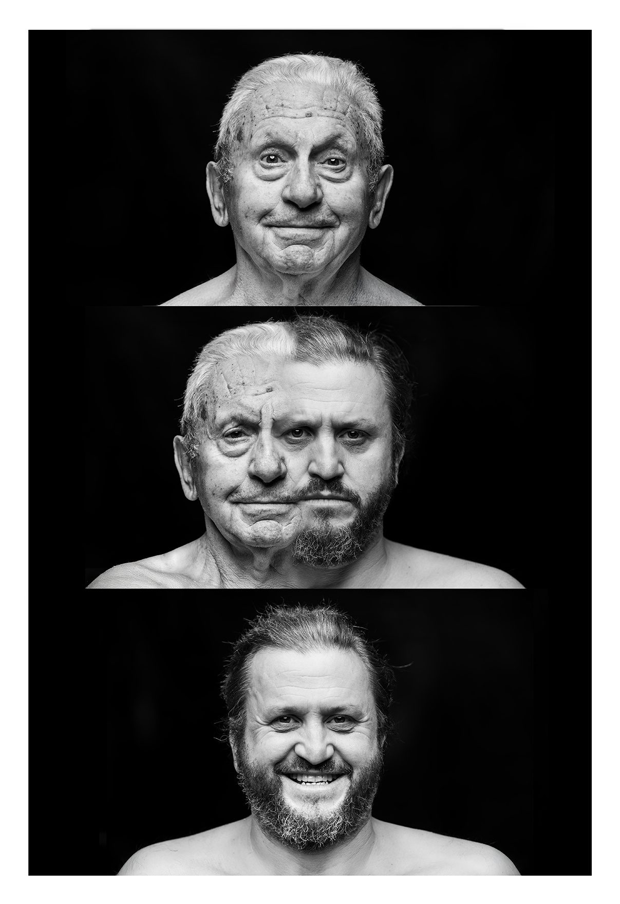Trittico in bianco e nero su fondo nero: un uomo anziano che sorride in alto, la fusione dei due volti al centro, un uomo con la barba che sorride in basso