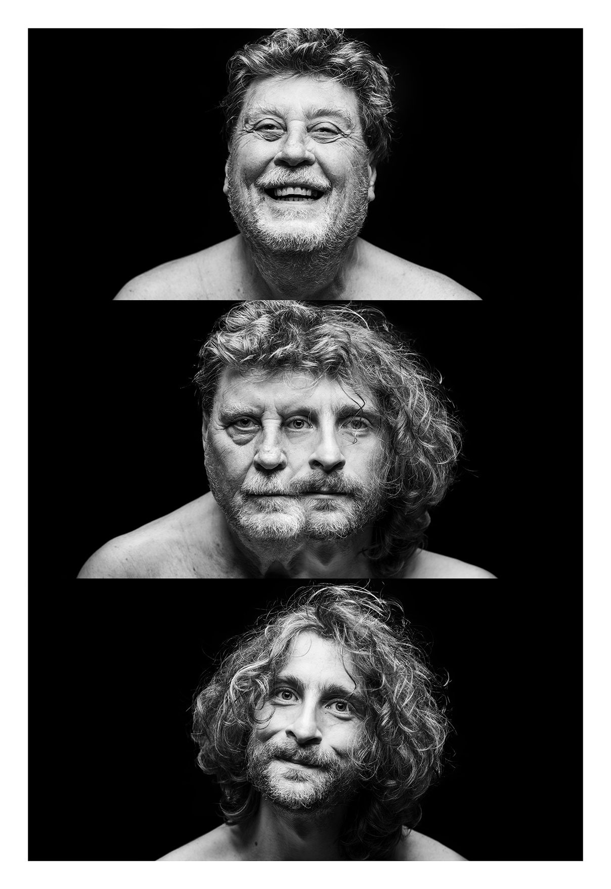 Trittico in bianco e nero su fondo nero: un uomo con i capelli ricci che ride in alto, la fusione dei due volti al centro, un giovane con i capelli ricci in basso