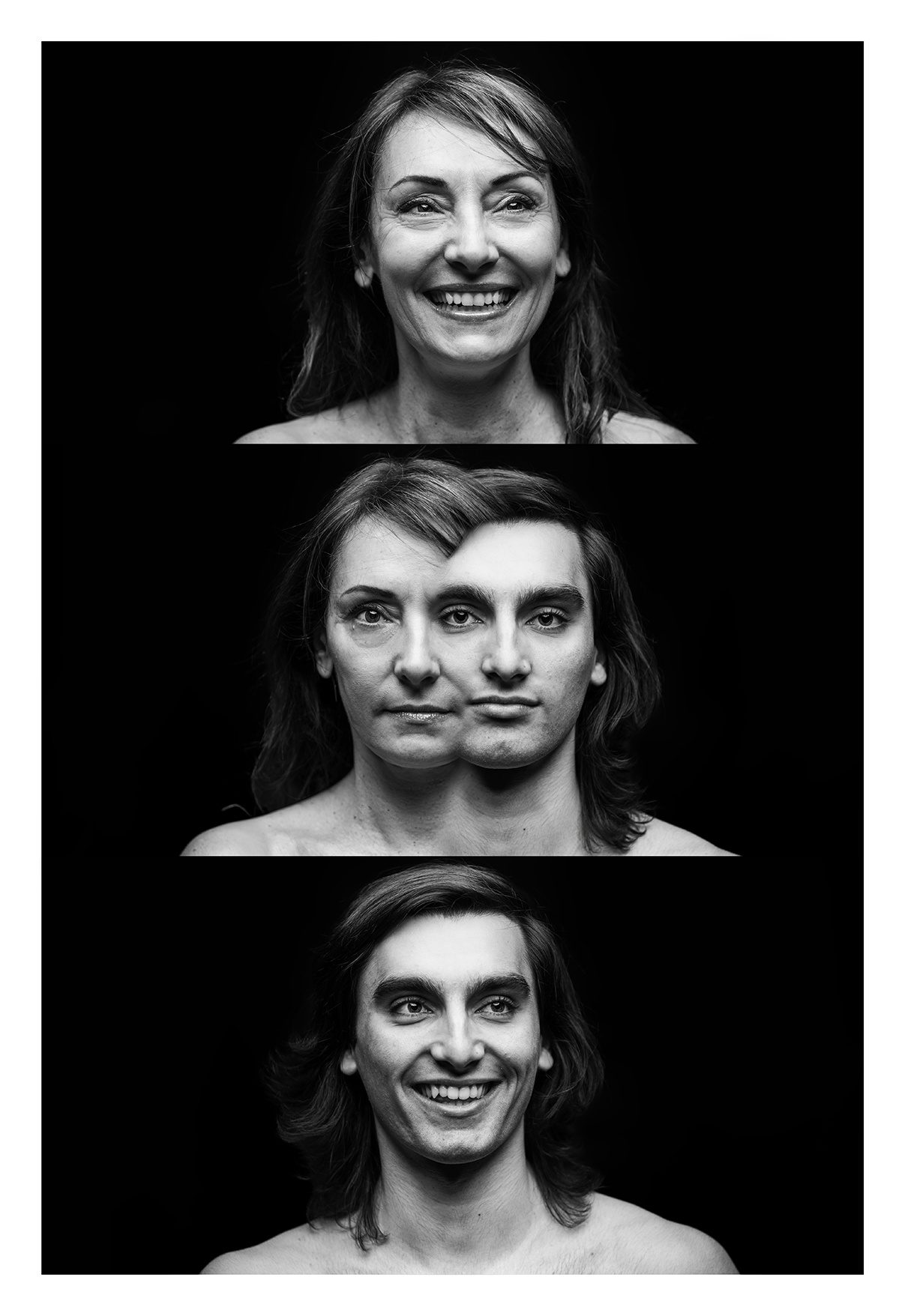 Trittico in bianco e nero su fondo nero: una donna in alto, la fusione dei due volti al centro, un giovane uomo con i capelli lunghi in basso