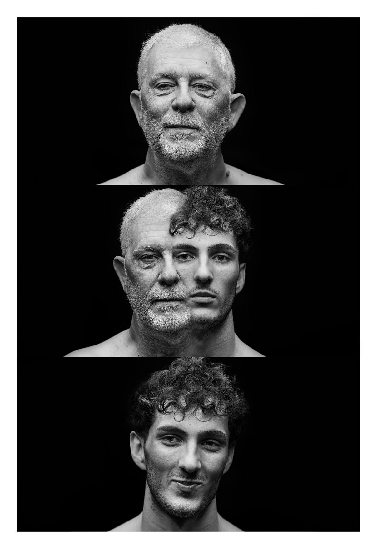 Trittico in bianco e nero su fondo nero: un uomo anziano in alto, la fusione dei due volti al centro, un giovane uomo con i capelli ricci in basso