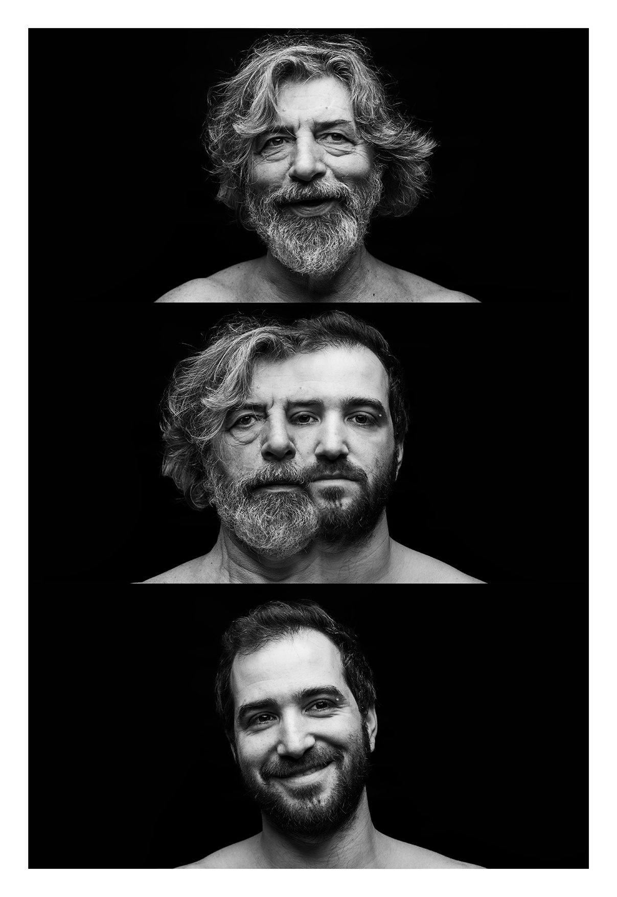 Trittico in bianco e nero su fondo nero: un uomo con barba e capelli lunghi in alto, la fusione dei due volti al centro, un giovane con la barba in basso