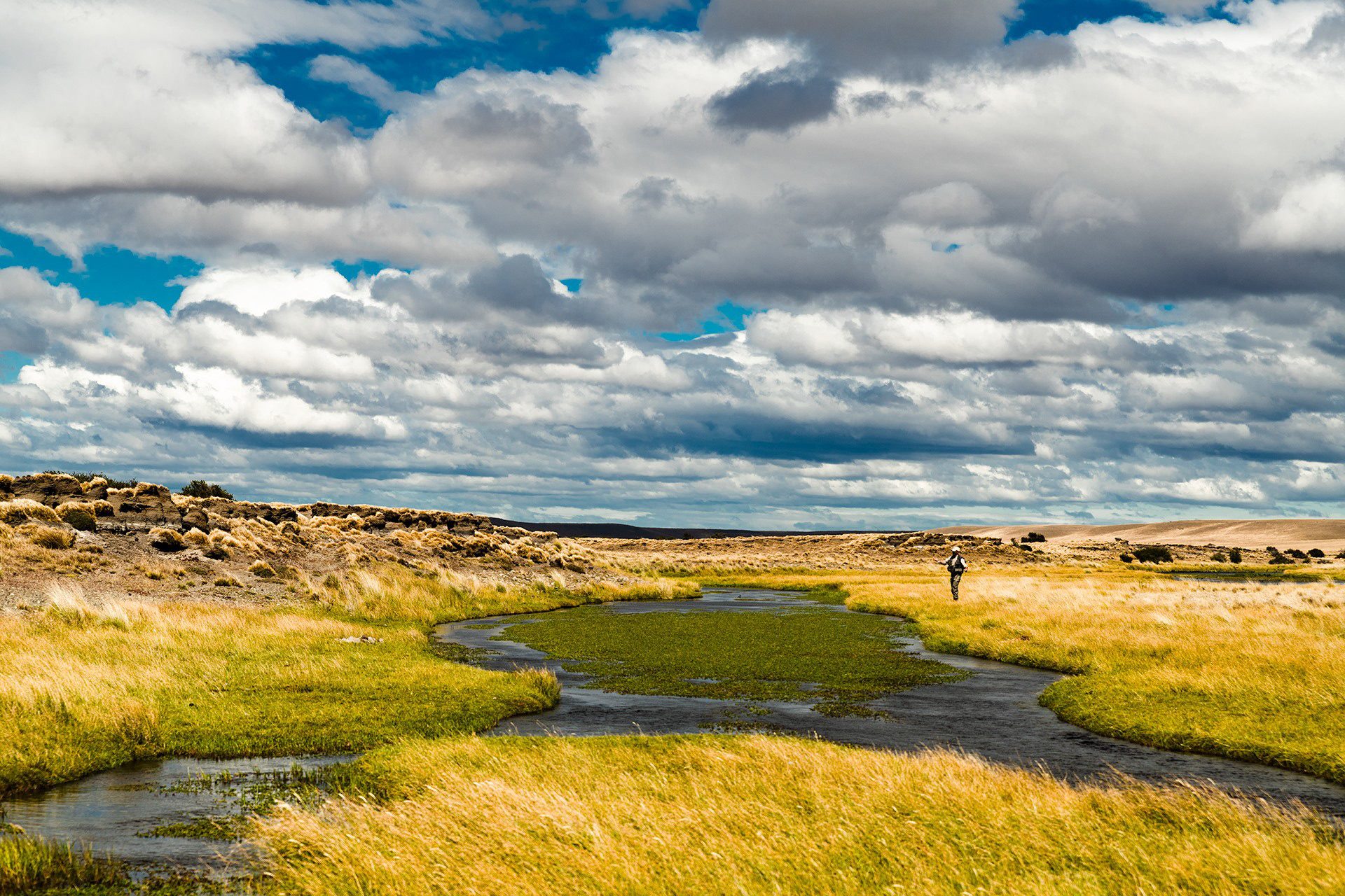 Meandri di un torrente in una prateria gialla, con un pescatore in lontananza, Patagonia
