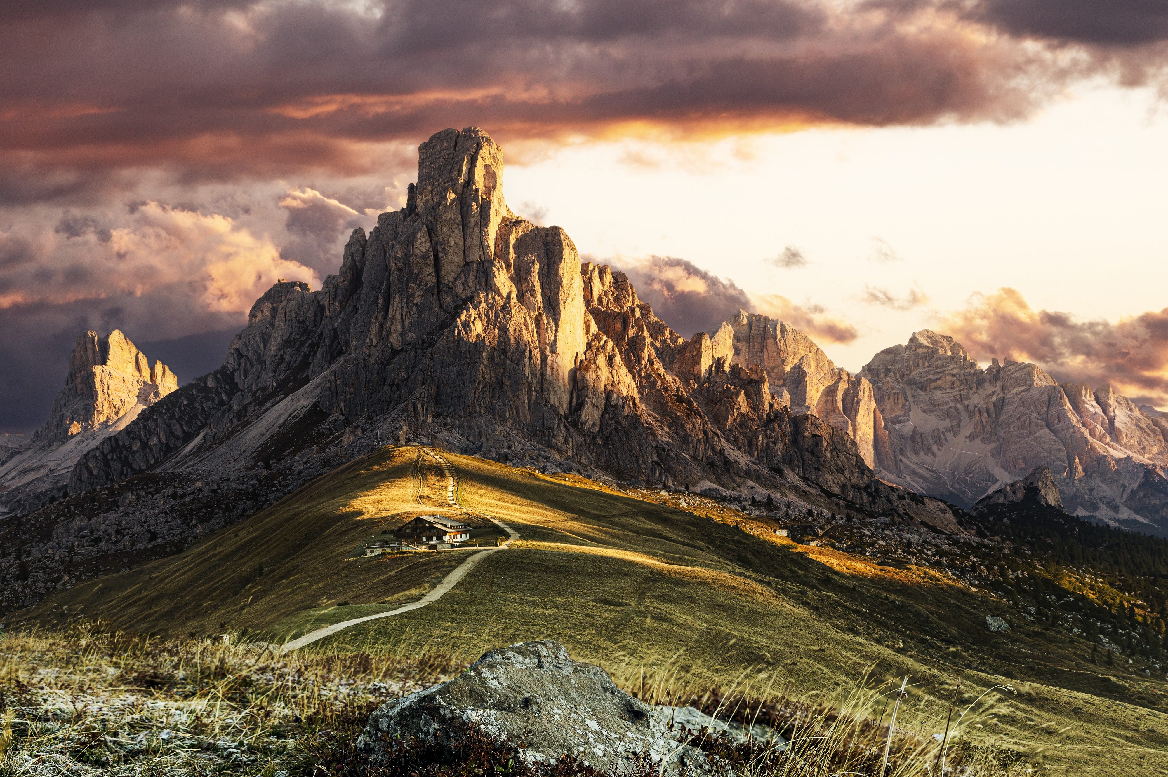 Ra Gusela and the Passo Giau mountain hut in the first light, Dolomites