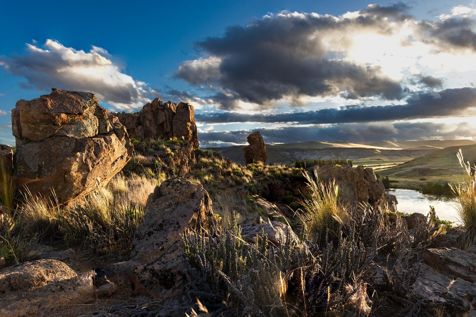 Granite rocks and shrubs at Piedra del Águila, above the Río Aluminé, Patagonia